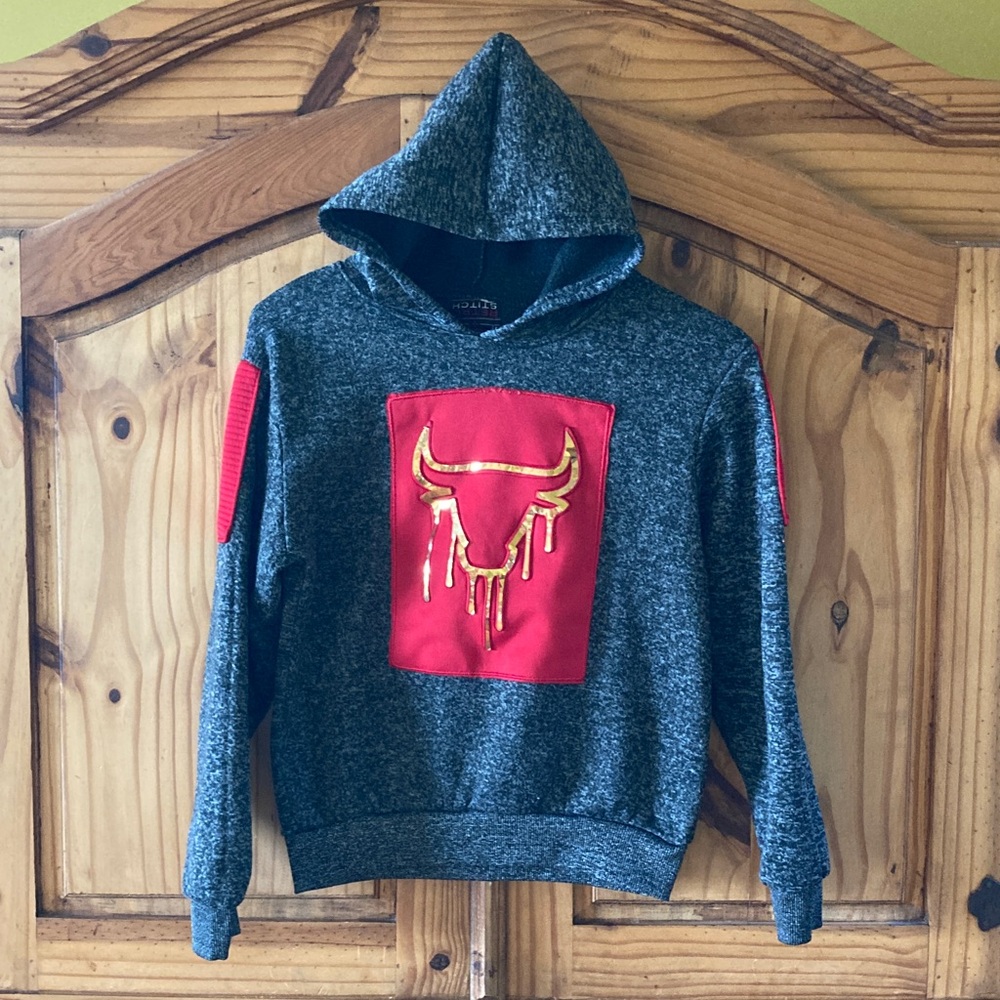Boys Retro Stitch gray red gold bull hoodie sweatshirt size 12